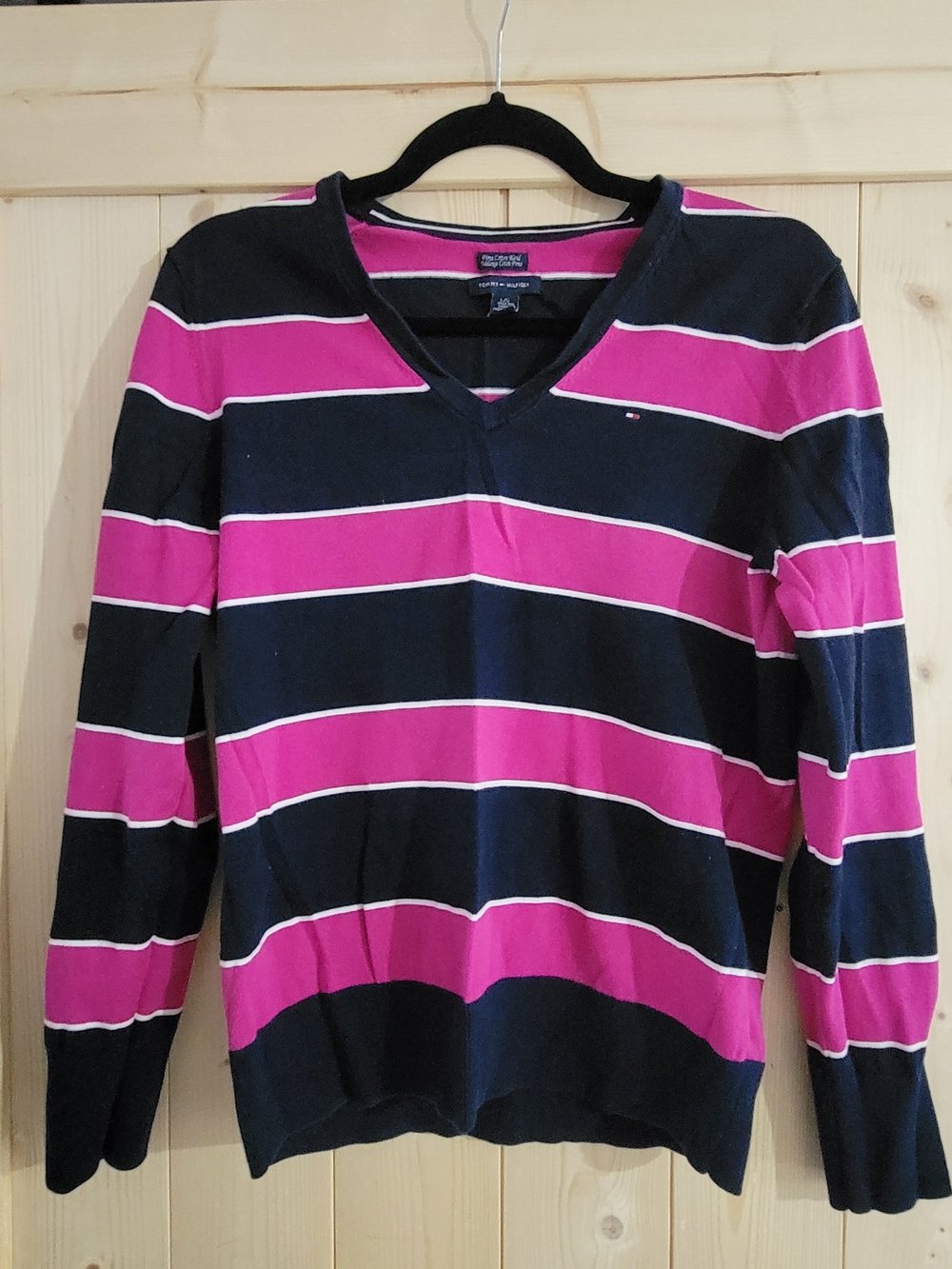Tommy Hilfiger Women’s V-Neck Striped Sweater - Navy & Fuchsia